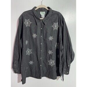 Quacker Factory Button Shirt 3X Black Rhinestone Winter Snowflakes Casual Travel